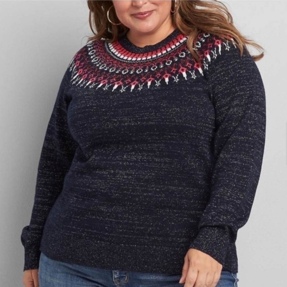 Lane Bryant Navy Blue Metallic Fair Isle Yoke Crew Neck Sweater Plus Size 18/20